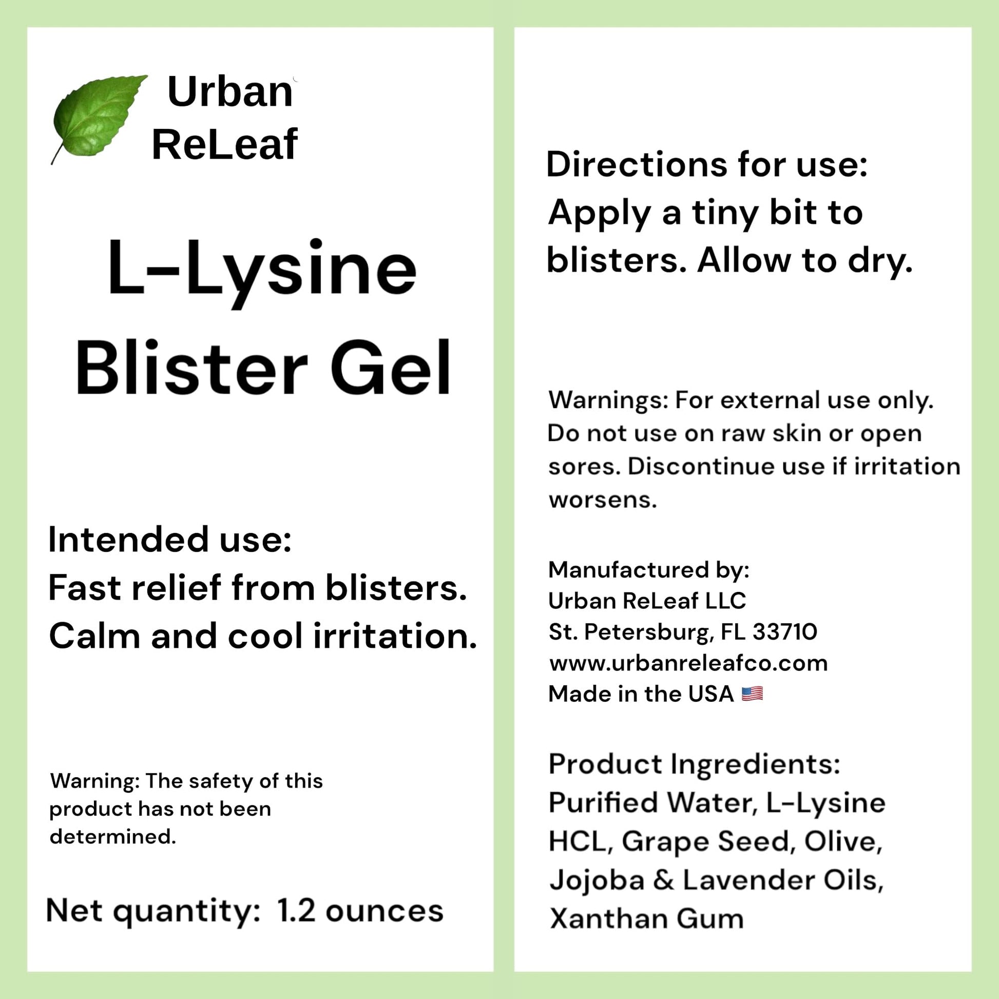 Urban ReLeaf L-Lysine Blister Soothing Gel packaging box detailing the fast relief features for red bumps and rashes.