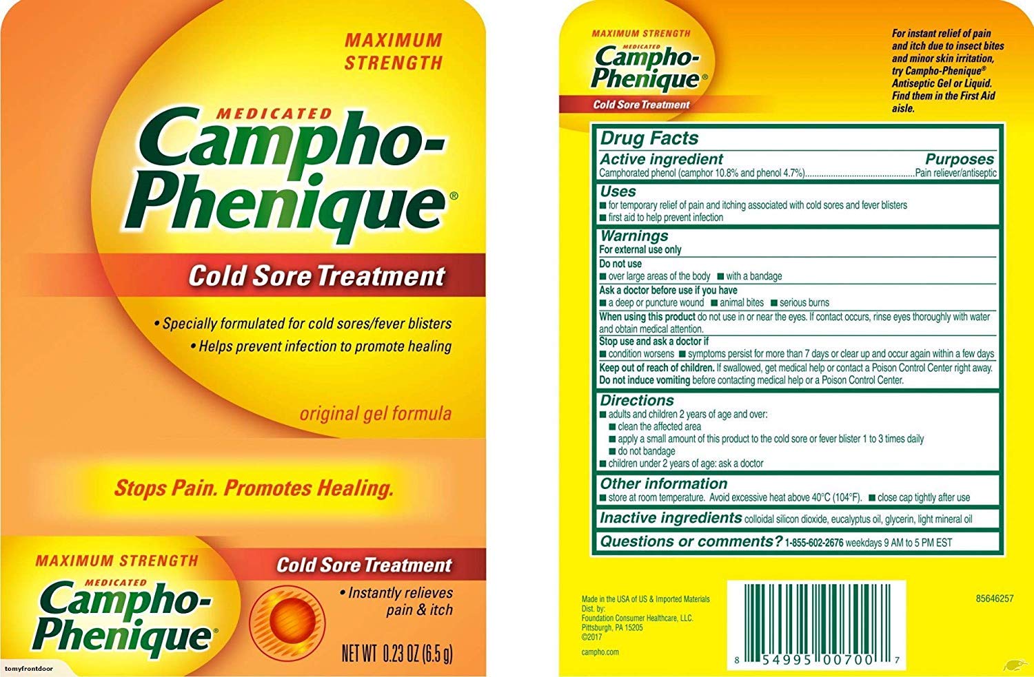 Campho-Phenique Cold Sore Gel tubes showing active ingredients camphor and phenol packaging details