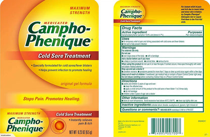 Campho-Phenique Cold Sore Gel tubes showing active ingredients camphor and phenol packaging details