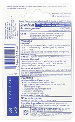 Abreva precision pump dispenser packaging displaying product directions and active ingredient details
