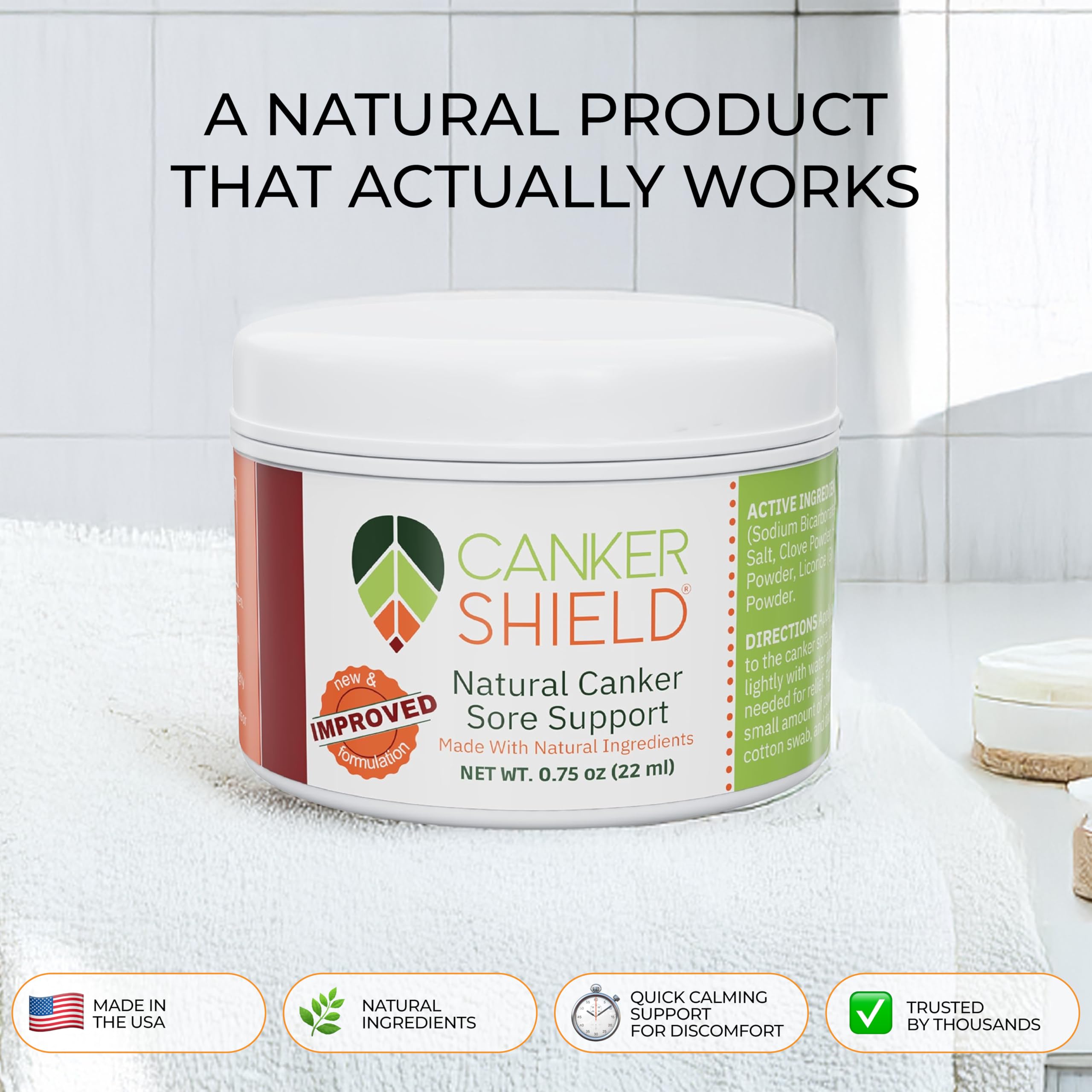 Canker Shield canker sore treatment powder packaging highlighting natural plant-based ingredients.