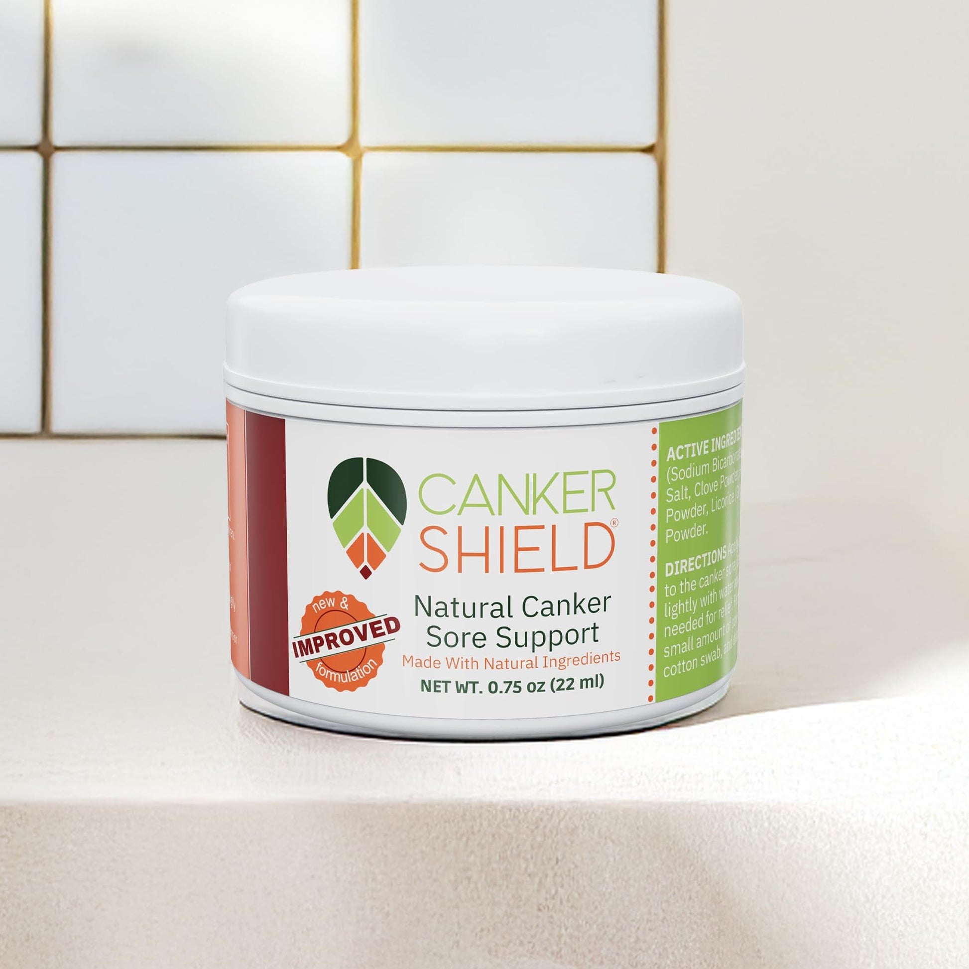 Authentic Canker Shield natural oral care powder container showing instructions and facts.