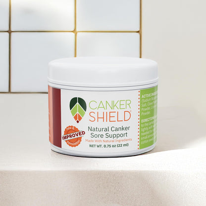 Authentic Canker Shield natural oral care powder container showing instructions and facts.