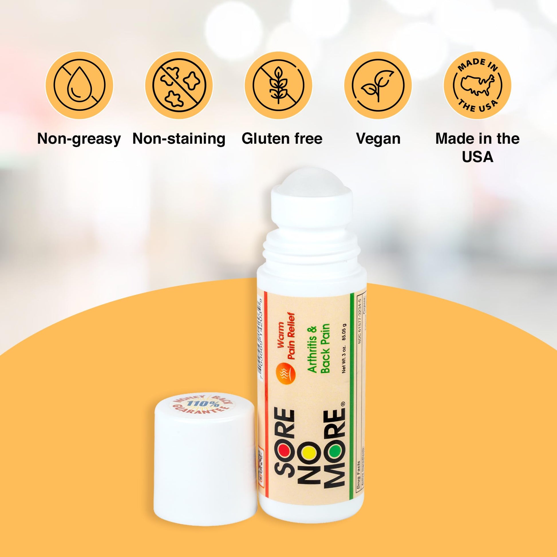 Sore No More roll-on bottle showcasing the non-greasy formula with orange aroma features.