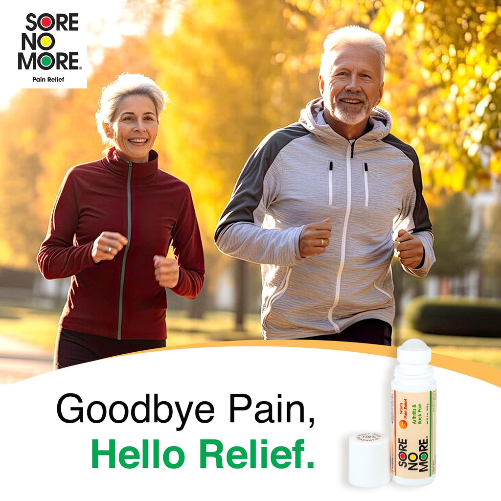 Authentic USA imported Sore No More pain reliever bottle standing upright.