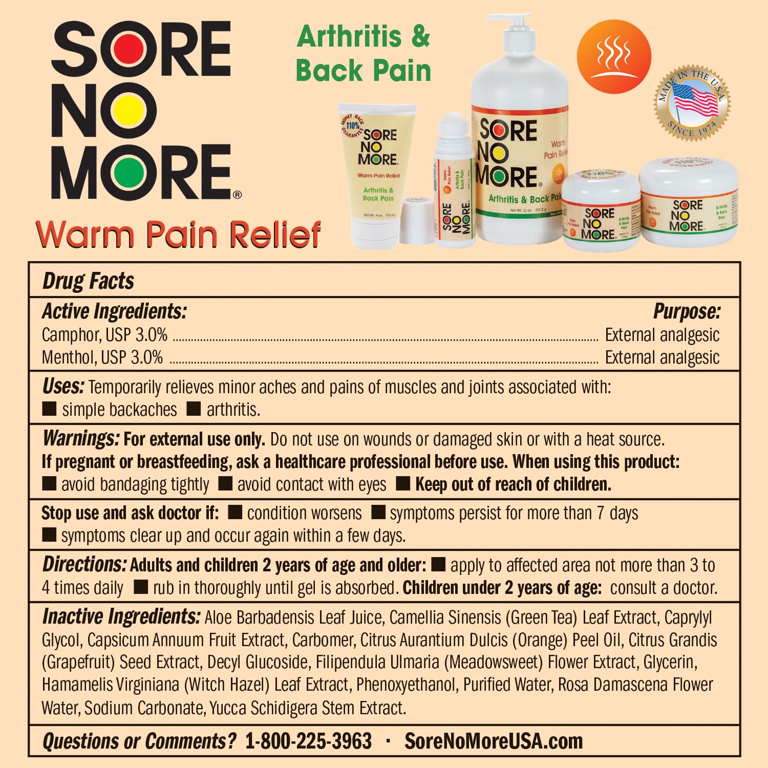 Sore No More arthritis pain relief roll on packaging back panel with usage instructions.