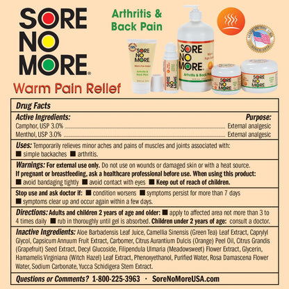 Sore No More arthritis pain relief roll on packaging back panel with usage instructions.