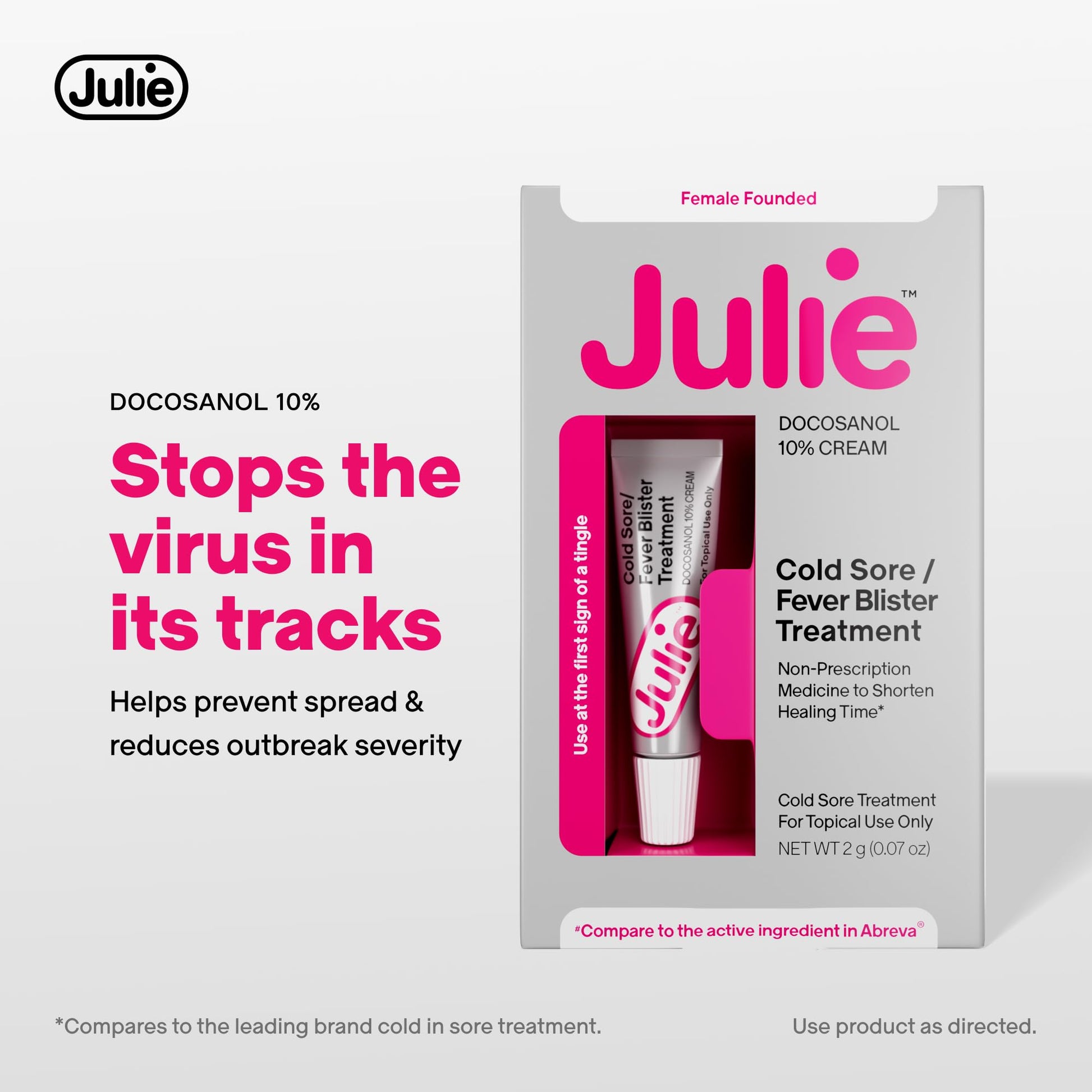 Back label of Julie docosanol 10 percent cream showing active ingredient details