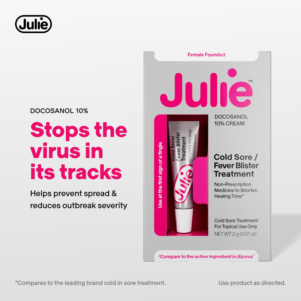 Back label of Julie docosanol 10 percent cream showing active ingredient details