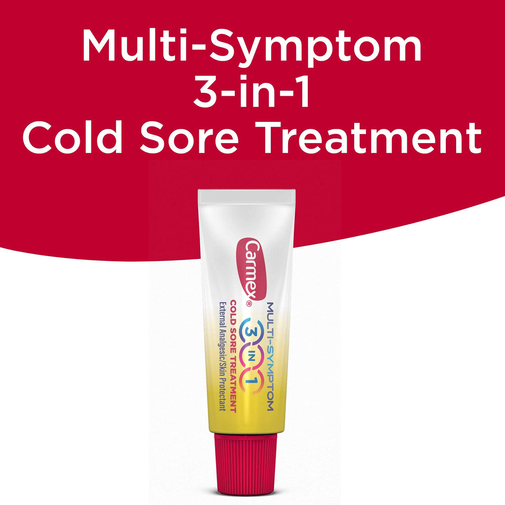 Carmex Multi-Symptom lip care balm showing product facts and ingredients