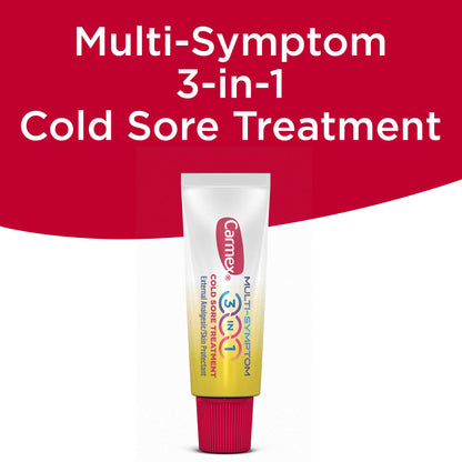 Carmex Multi-Symptom lip care balm showing product facts and ingredients
