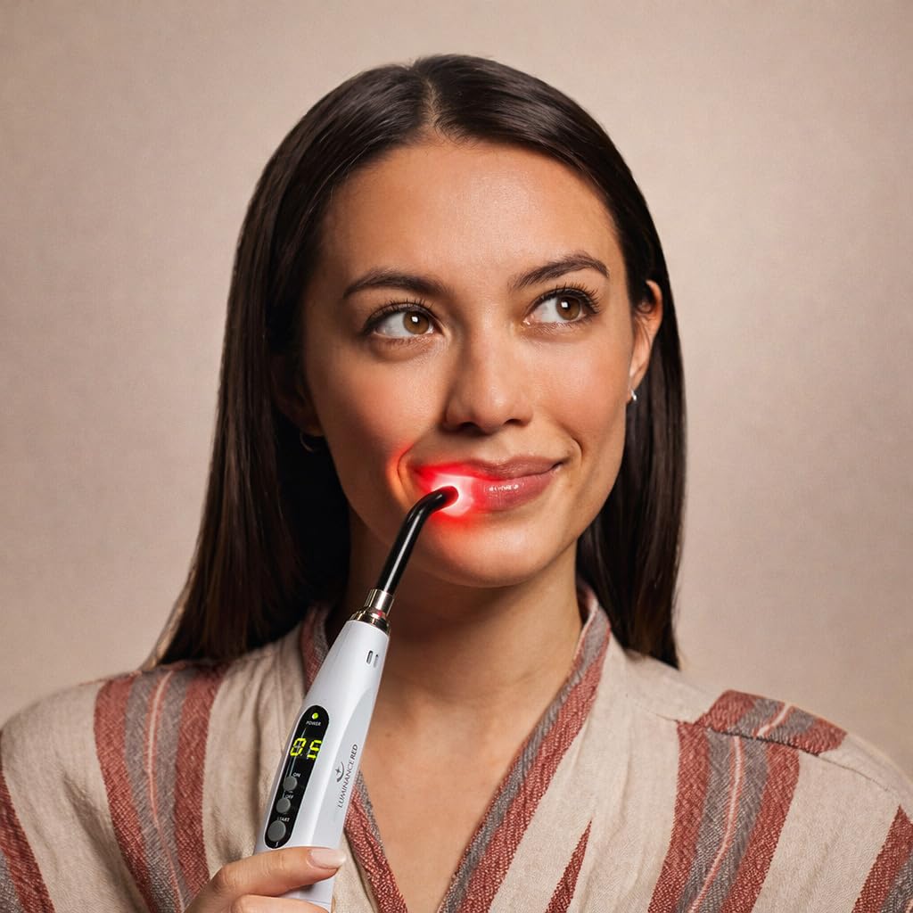 Luminance Red cold sore wand showing the illuminated treatment tip for targeted light therapy.