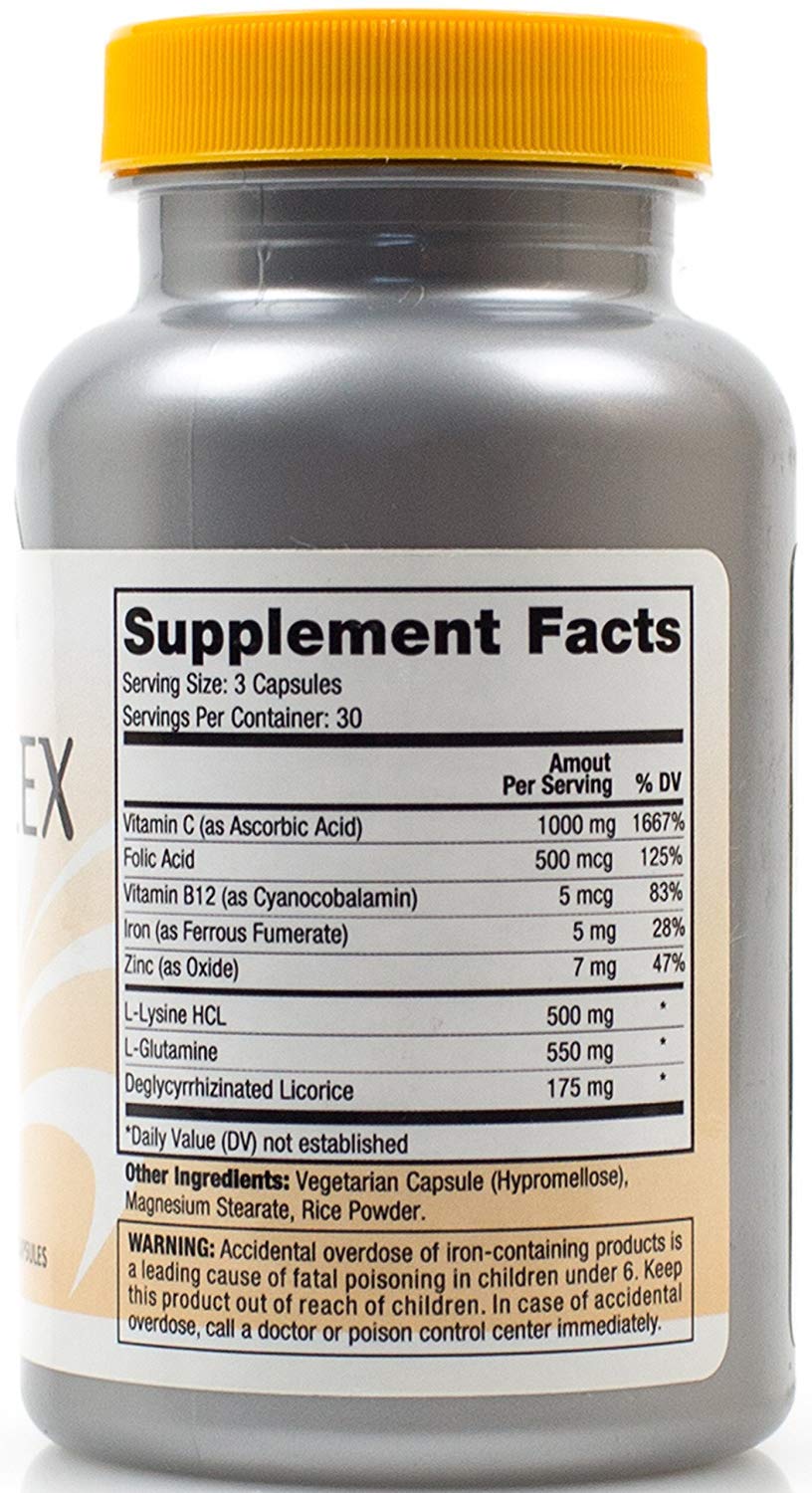 Progressive Health Monoplex 90 capsules packaging showing natural ingredients for lip and tongue sores