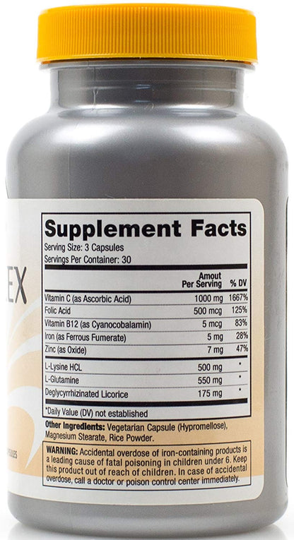 Progressive Health Monoplex 90 capsules packaging showing natural ingredients for lip and tongue sores