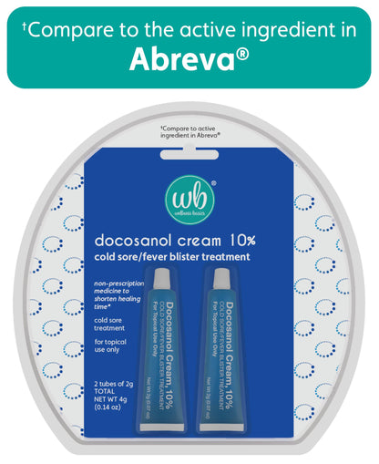 Two count Wellness Basics fever blister treatment tubes close up
