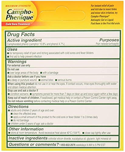 Campho-Phenique medicated pain and itch relieving antiseptic lip gel packaging details