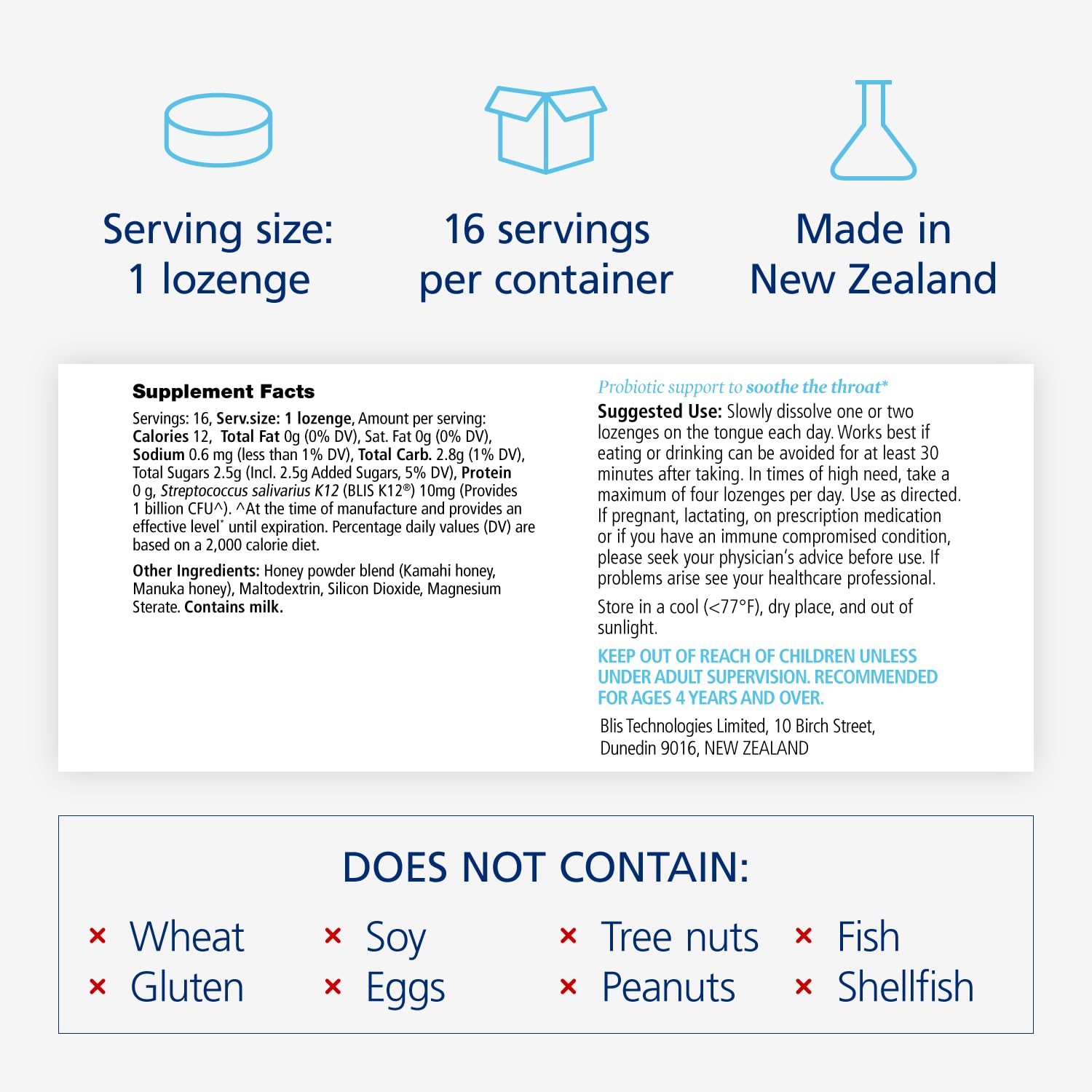 BLIS K12 oral probiotic throat lozenges for immune support showing packaging details and benefits
