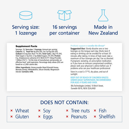 BLIS K12 oral probiotic throat lozenges for immune support showing packaging details and benefits