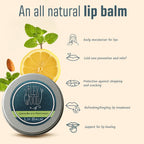 Vegan and cruelty free cold sore prevention lip balm tin close up.