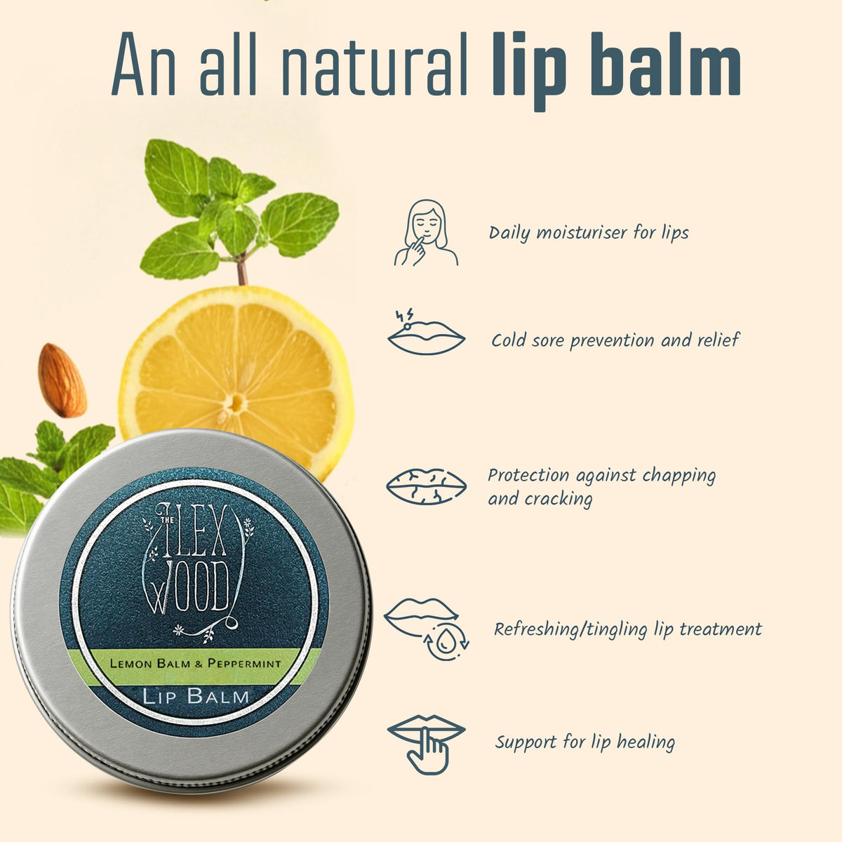 Vegan and cruelty free cold sore prevention lip balm tin close up.