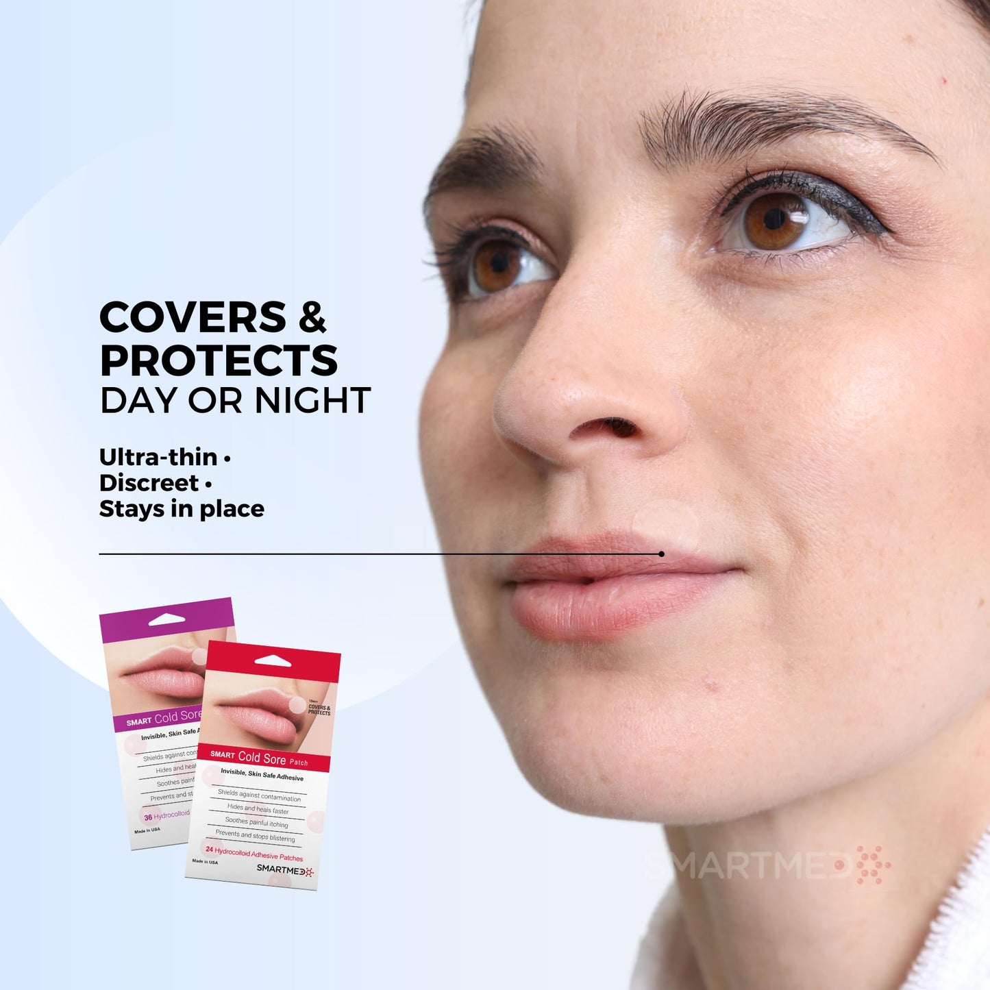 SMARTMED invisible hydrocolloid blister patches displayed on a clear background for transparency