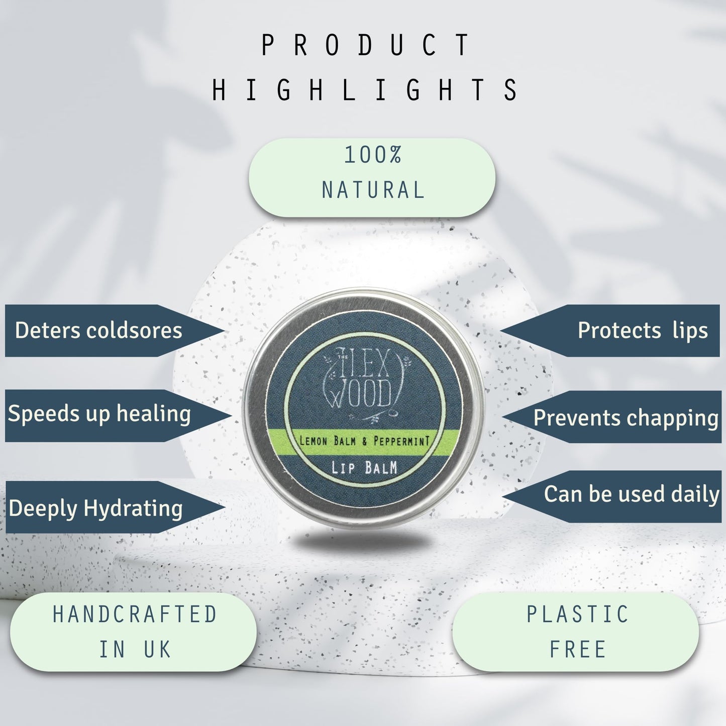 Compact ten milliliter travel friendly tin of peppermint and lemon balm lip ointment.