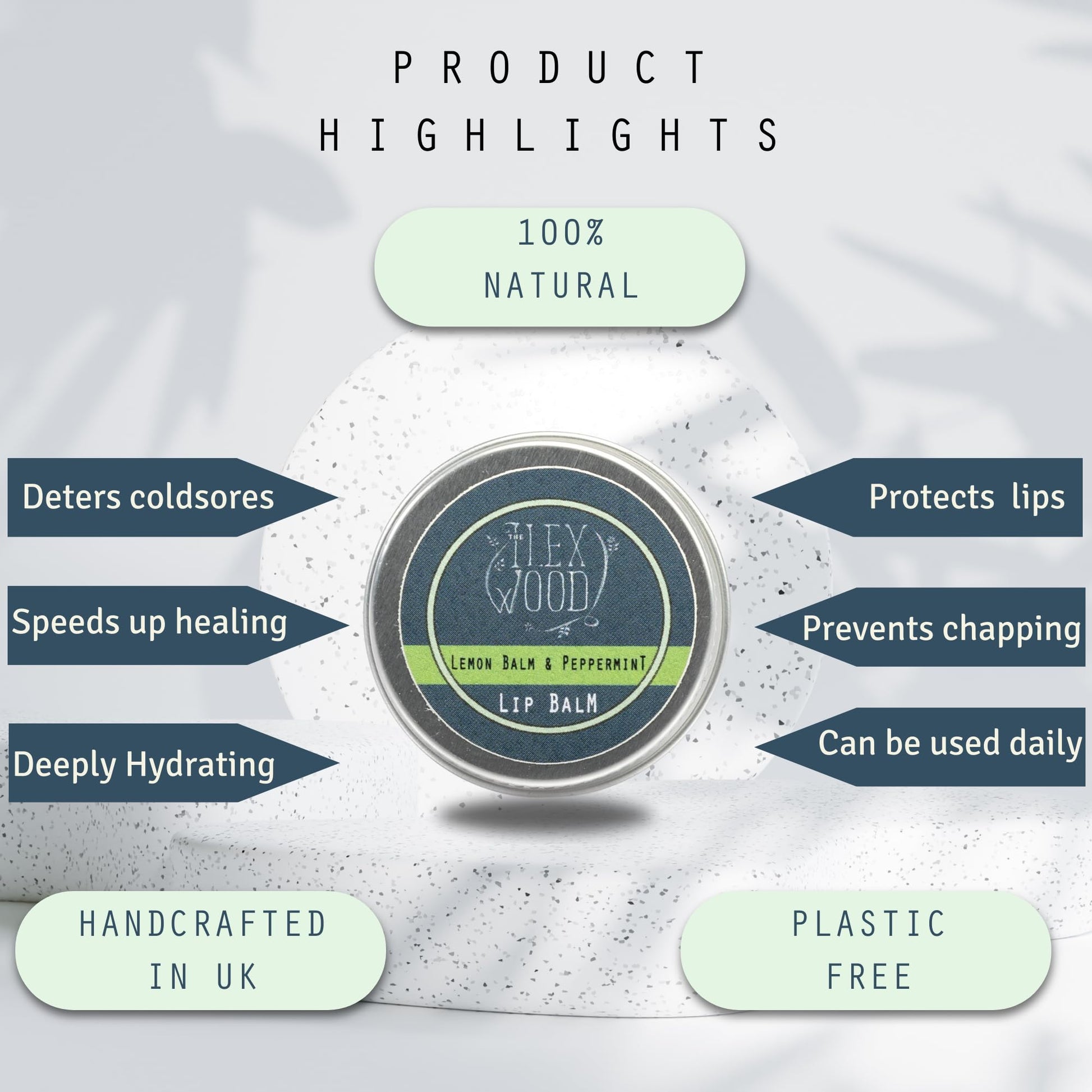 Compact ten milliliter travel friendly tin of peppermint and lemon balm lip ointment.