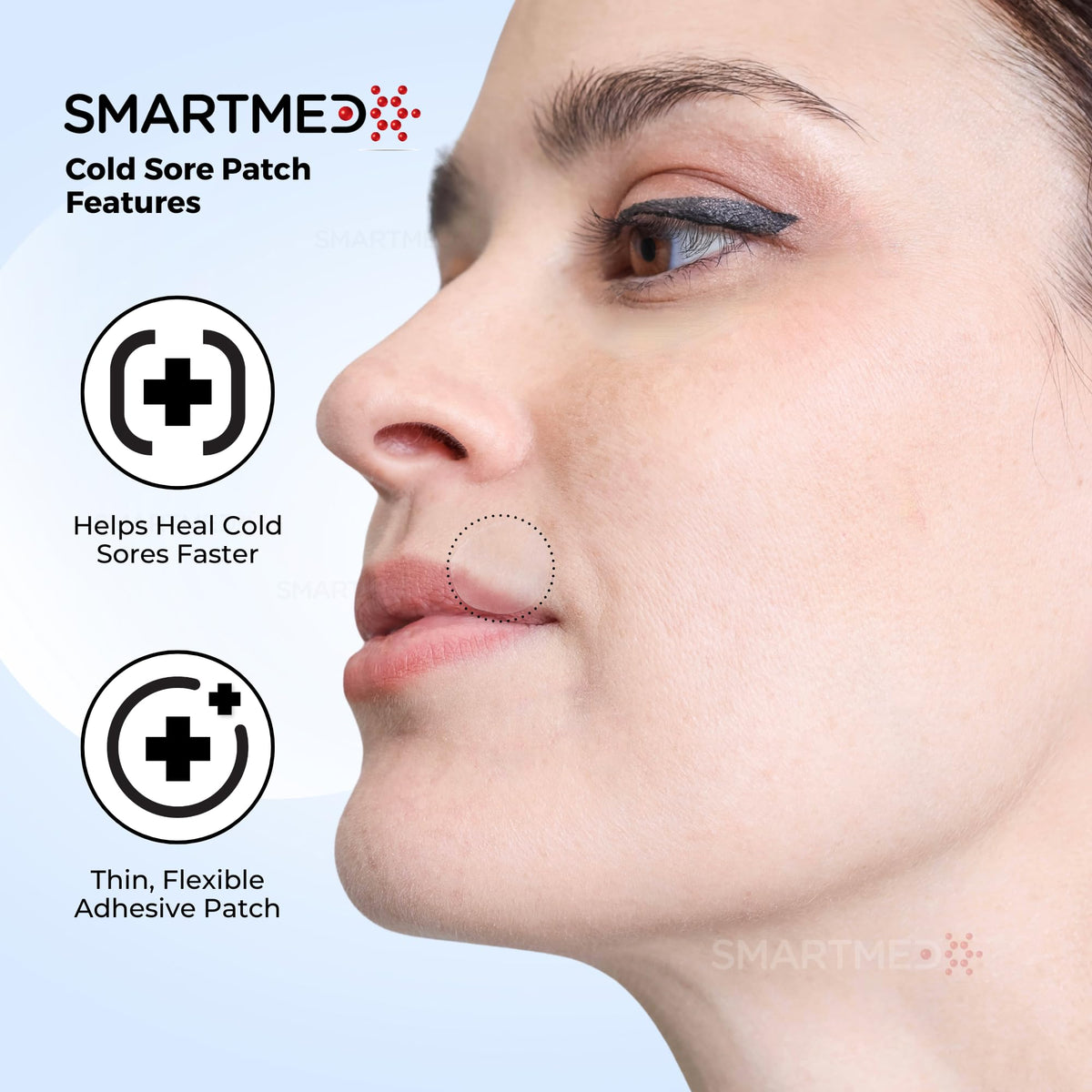 SMARTMED 24 count clear fever blister patches showcasing the ultra thin flexible material design