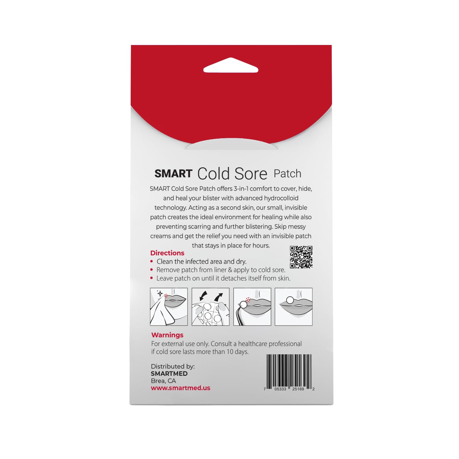 SMARTMED USA imported cold sore relief bandages highlighting the twelve hour stay on strength benefit