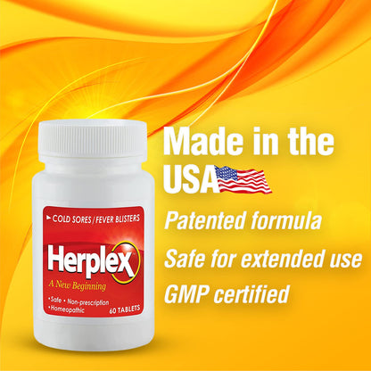 Herplex sixty tablets container showing secure seal and usage directions