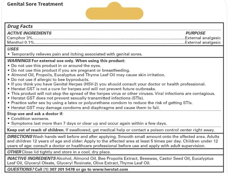 Herstat sore treatment topical ointment tube with natural bee propolis extract.