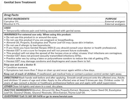 Herstat sore treatment topical ointment tube with natural bee propolis extract.