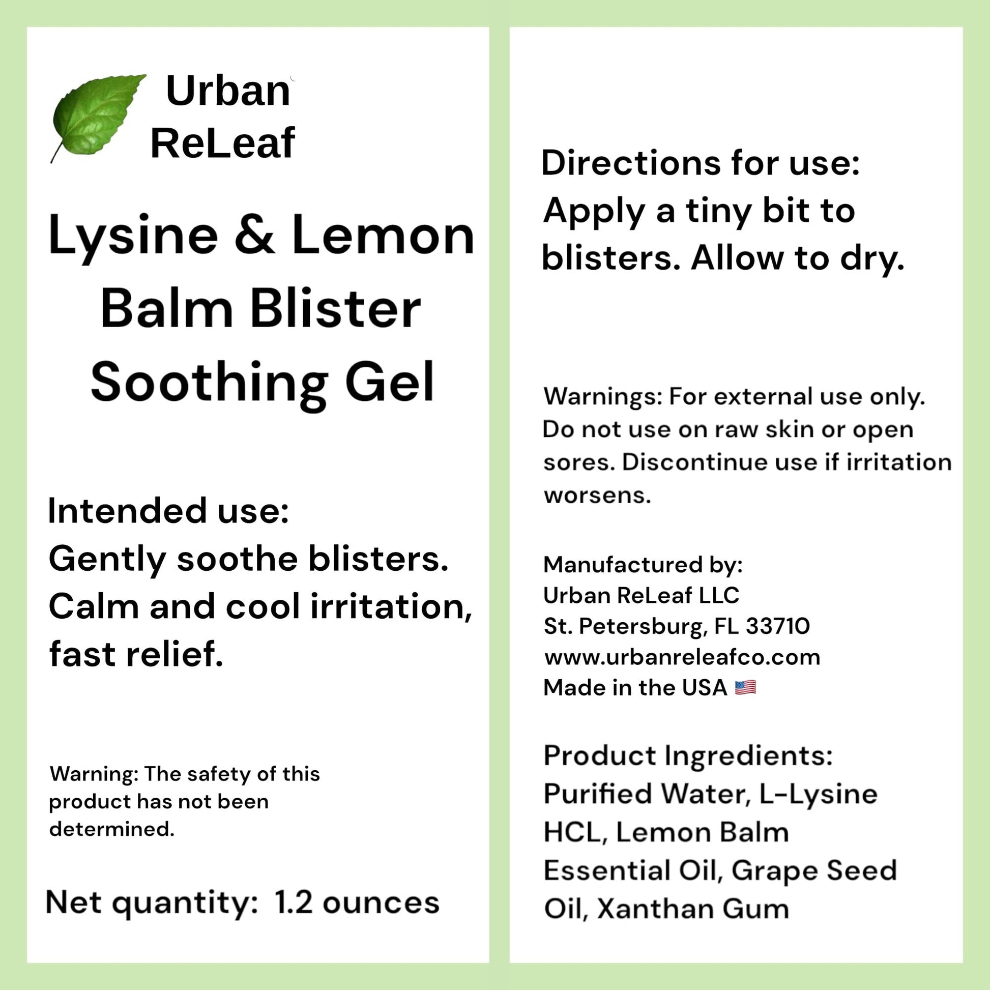 Side view of Urban ReLeaf fever blister gel bottle displaying manufacturing information and clear application safety details.
