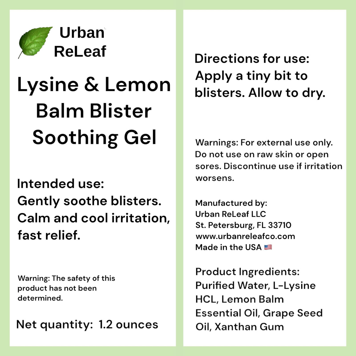 Side view of Urban ReLeaf fever blister gel bottle displaying manufacturing information and clear application safety details.