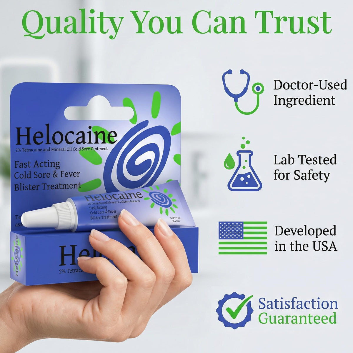 Compact Helocaine oral care tube highlighting the protective barrier benefits