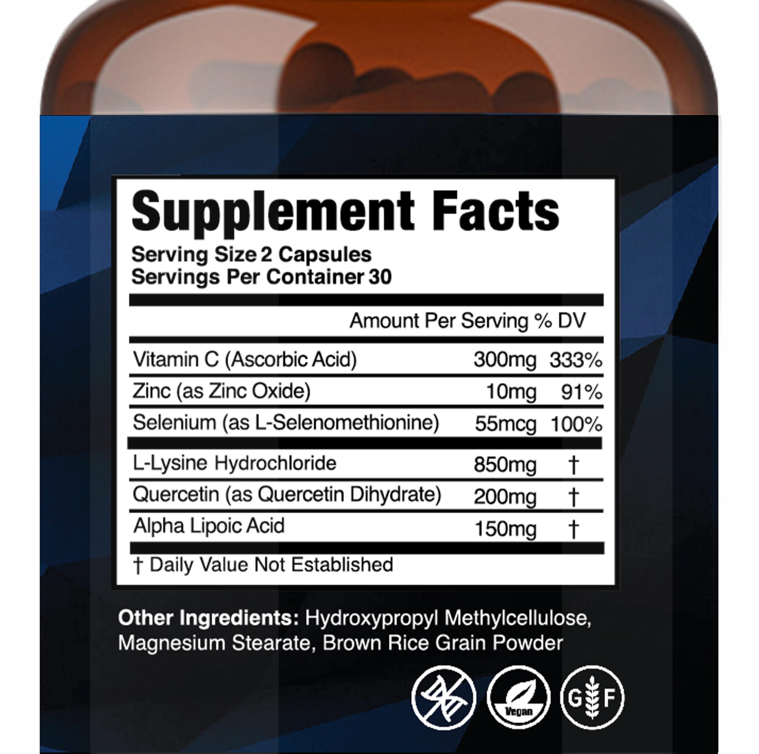 Cold Sore Shield 60 capsules supplement facts panel showing L-Lysine ingredients