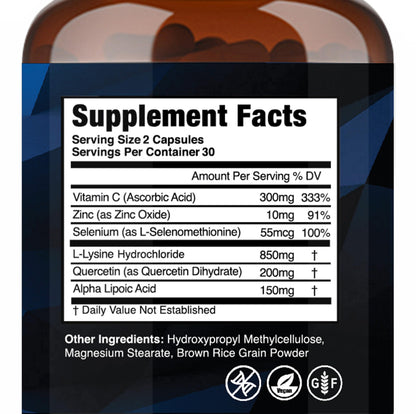 Cold Sore Shield 60 capsules supplement facts panel showing L-Lysine ingredients