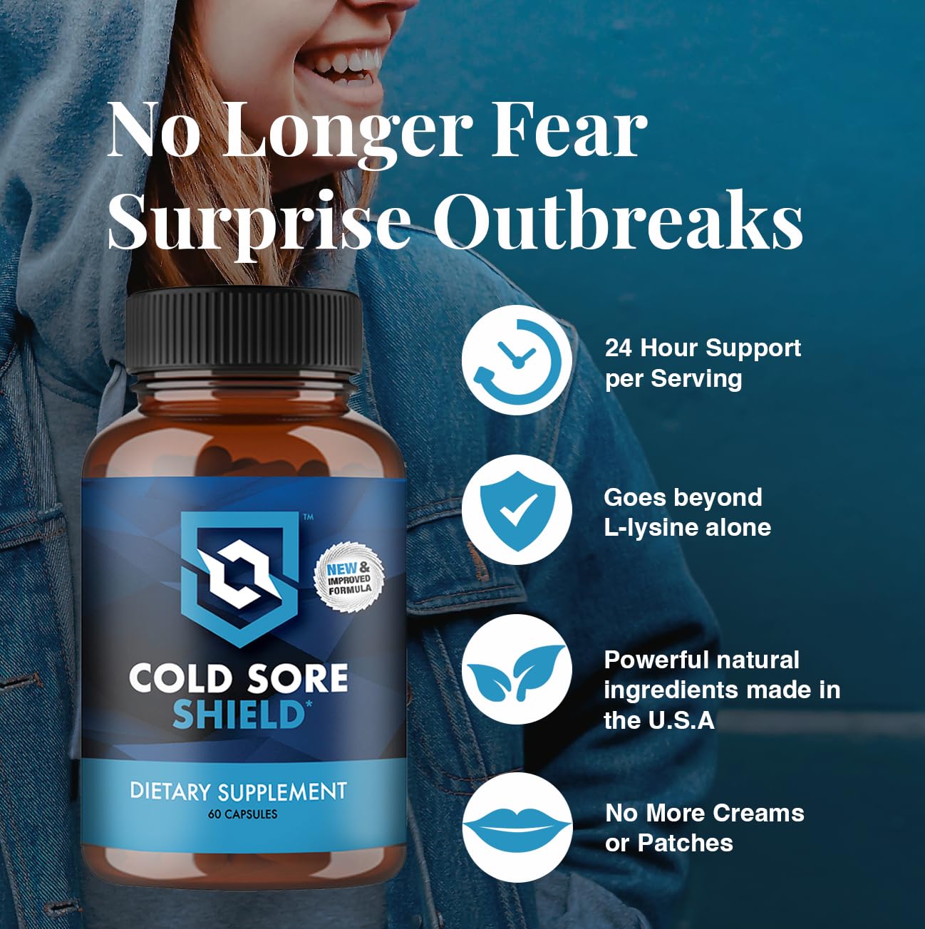 Cold Sore Shield vegan immune support capsules side label view with usage instructions