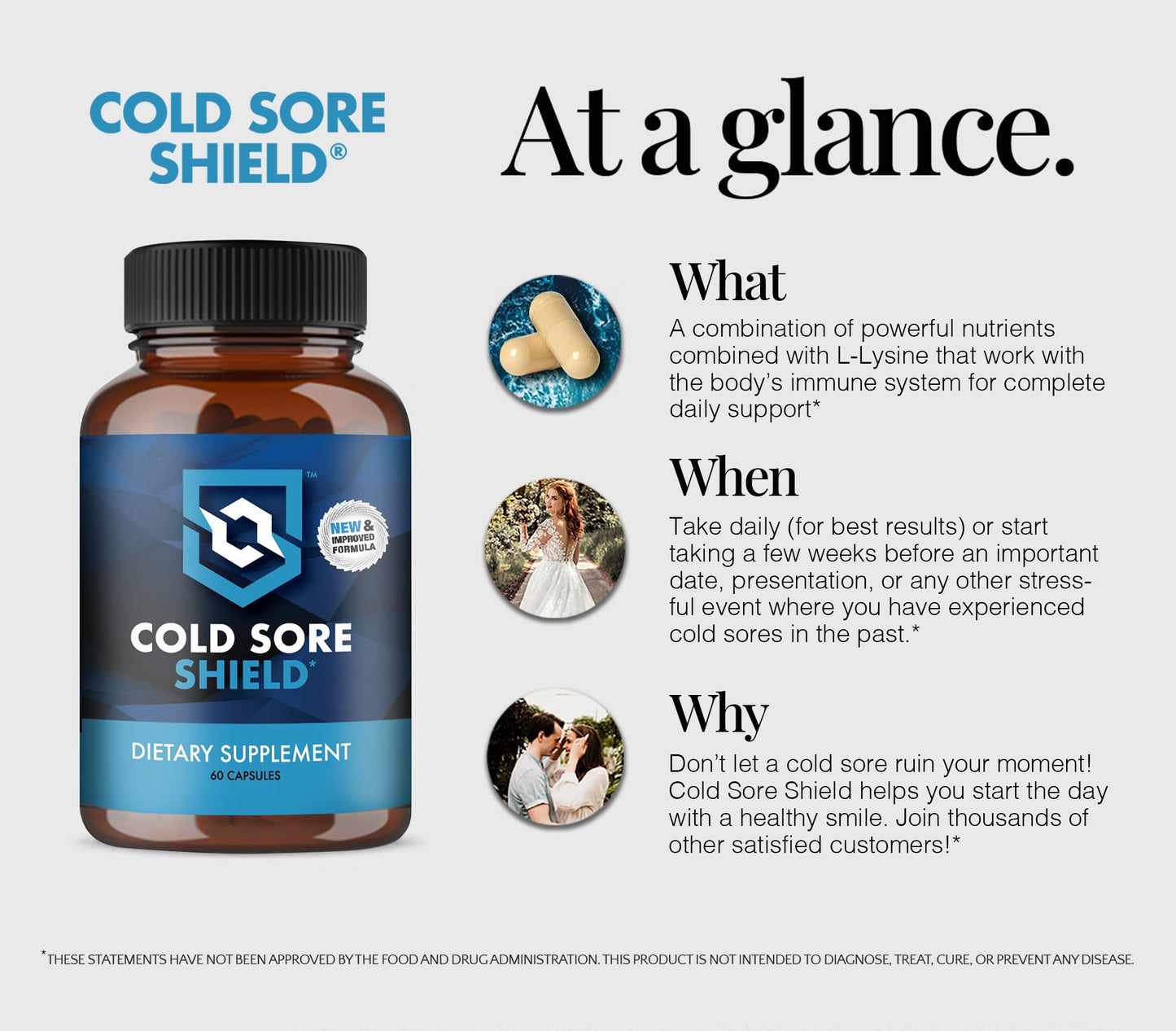 Cold Sore Shield dietary supplement 60 count container showing gluten-free certification