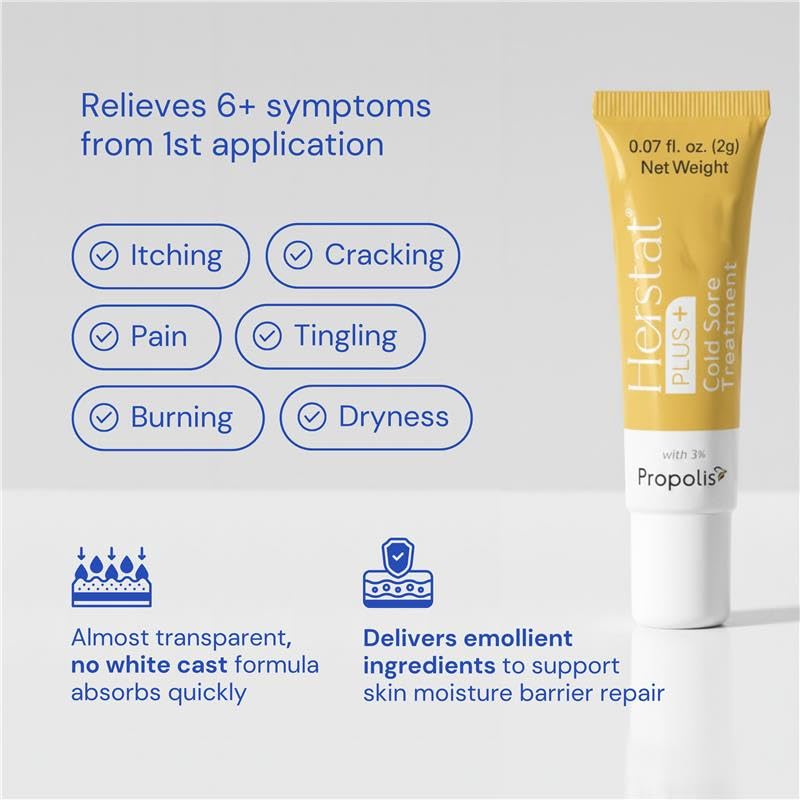 Herstat fever blister treatment container showing three percent propolis extract specification