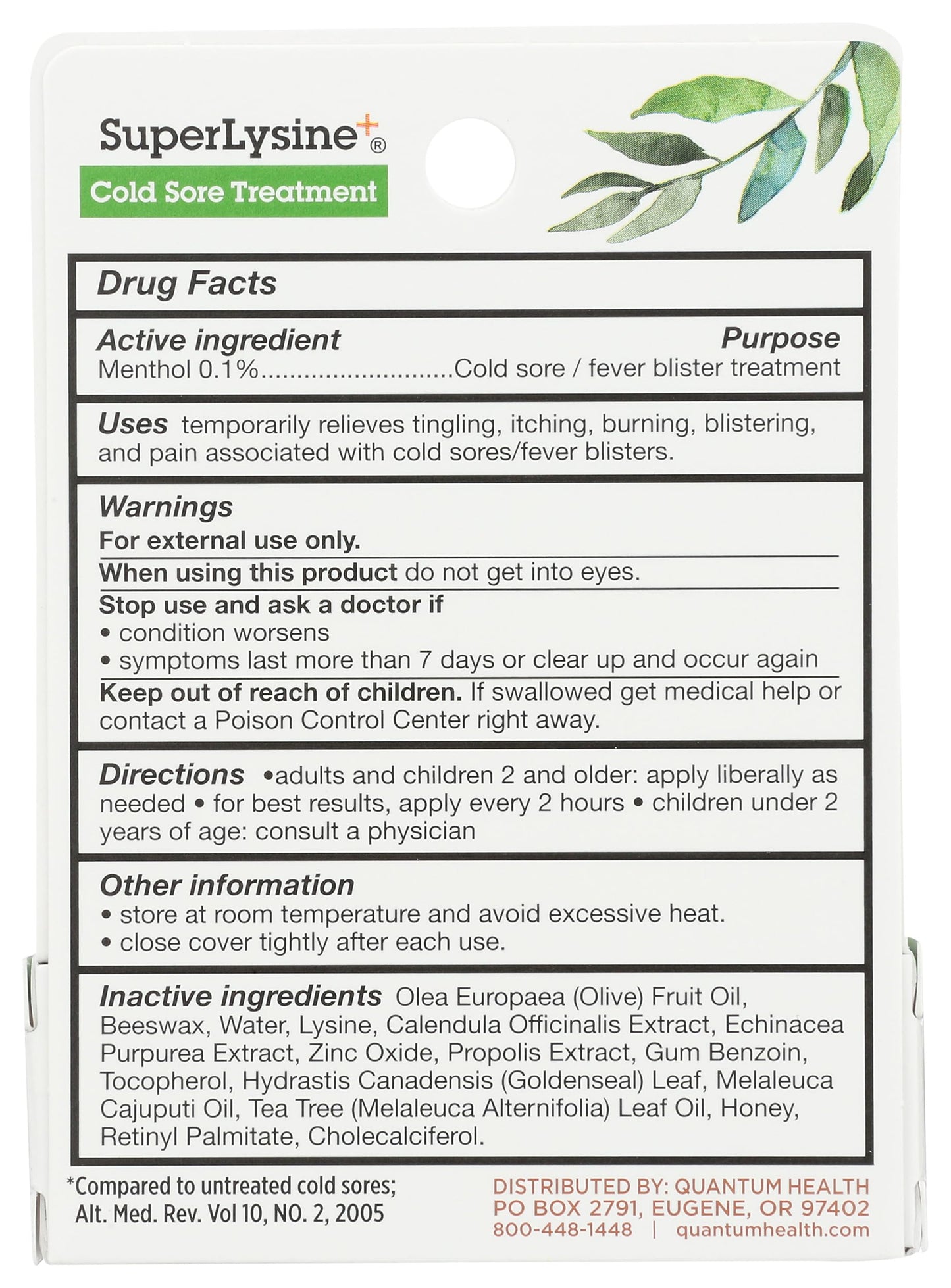 Quantum SuperLysine+ ointment tube showing active ingredients for pain and itch relief