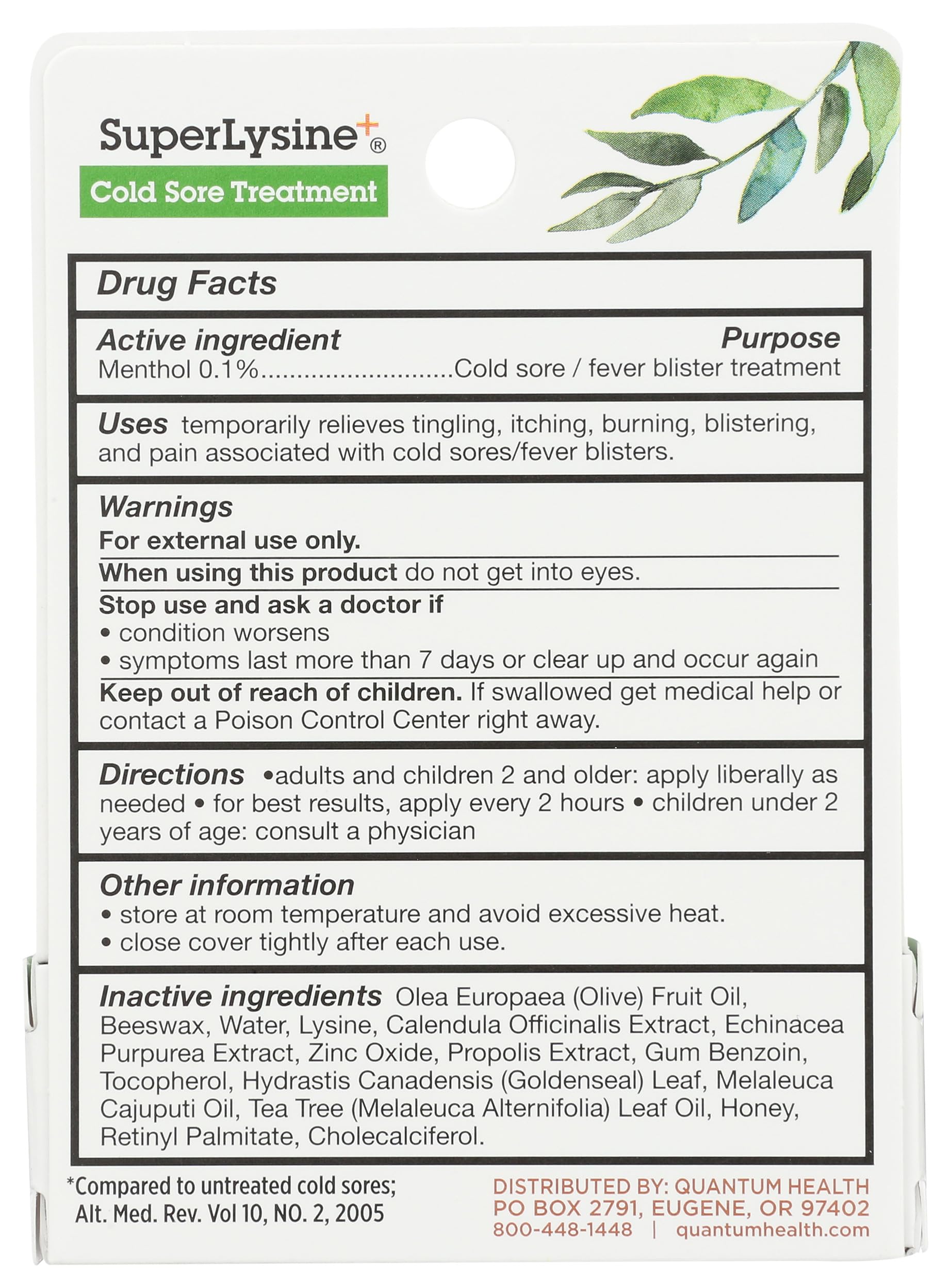 Quantum SuperLysine+ ointment tube showing active ingredients for pain and itch relief