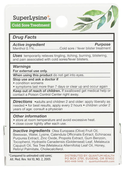 Quantum SuperLysine+ ointment tube showing active ingredients for pain and itch relief