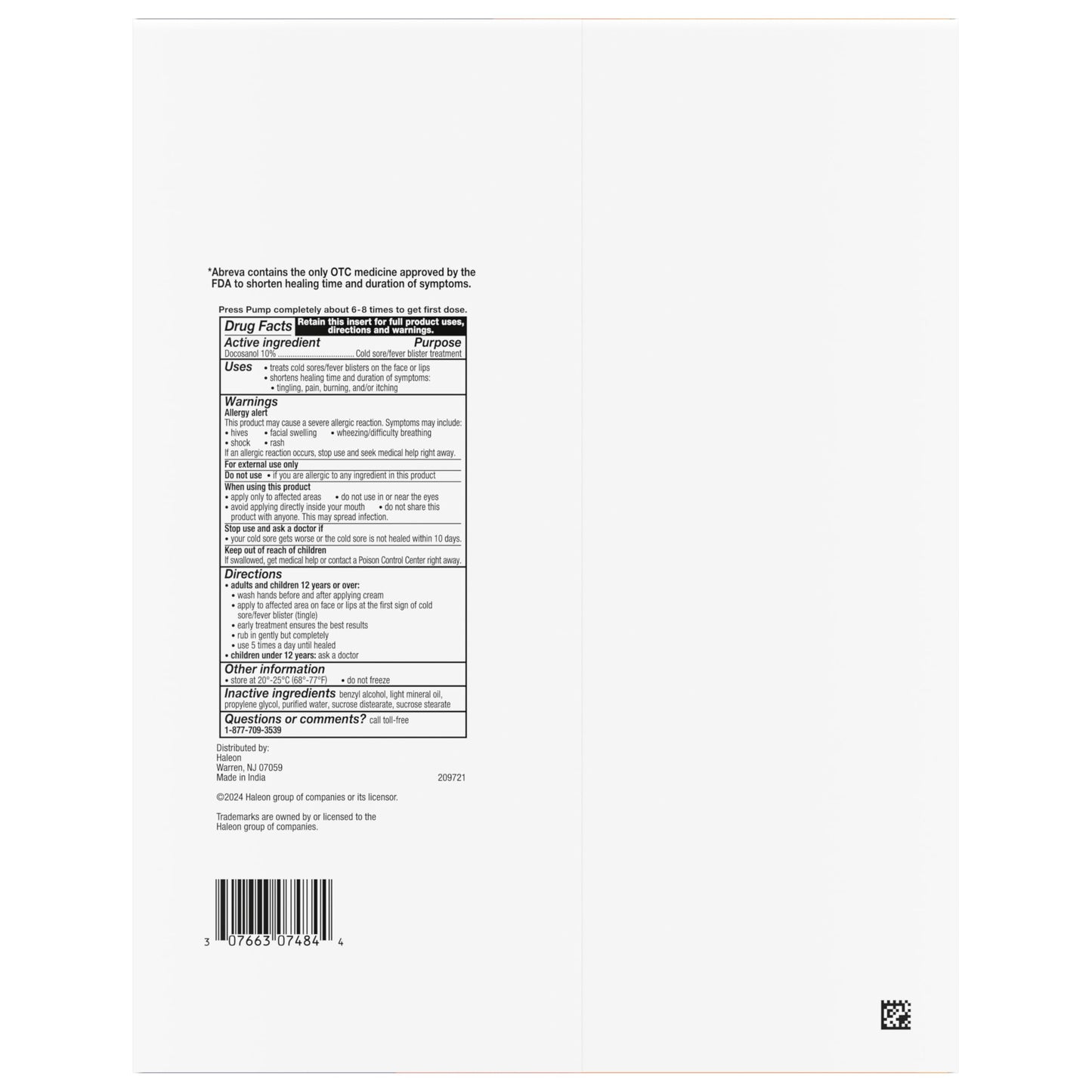 Abreva cold sore treatment cream box side view with active ingredient facts