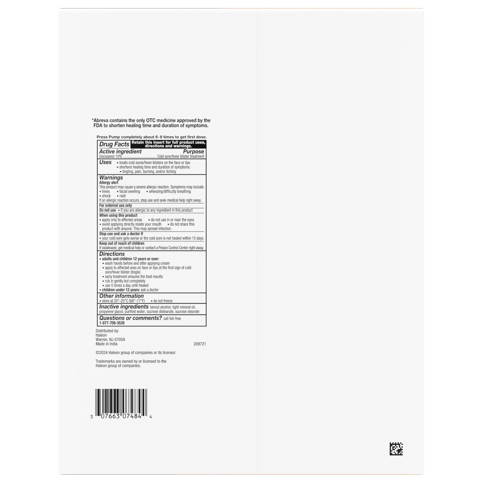 Abreva cold sore treatment cream box side view with active ingredient facts