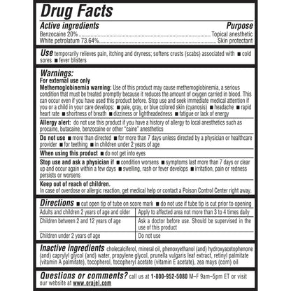 Orajel external oral pain reliever showing the patented single dose delivery system setup