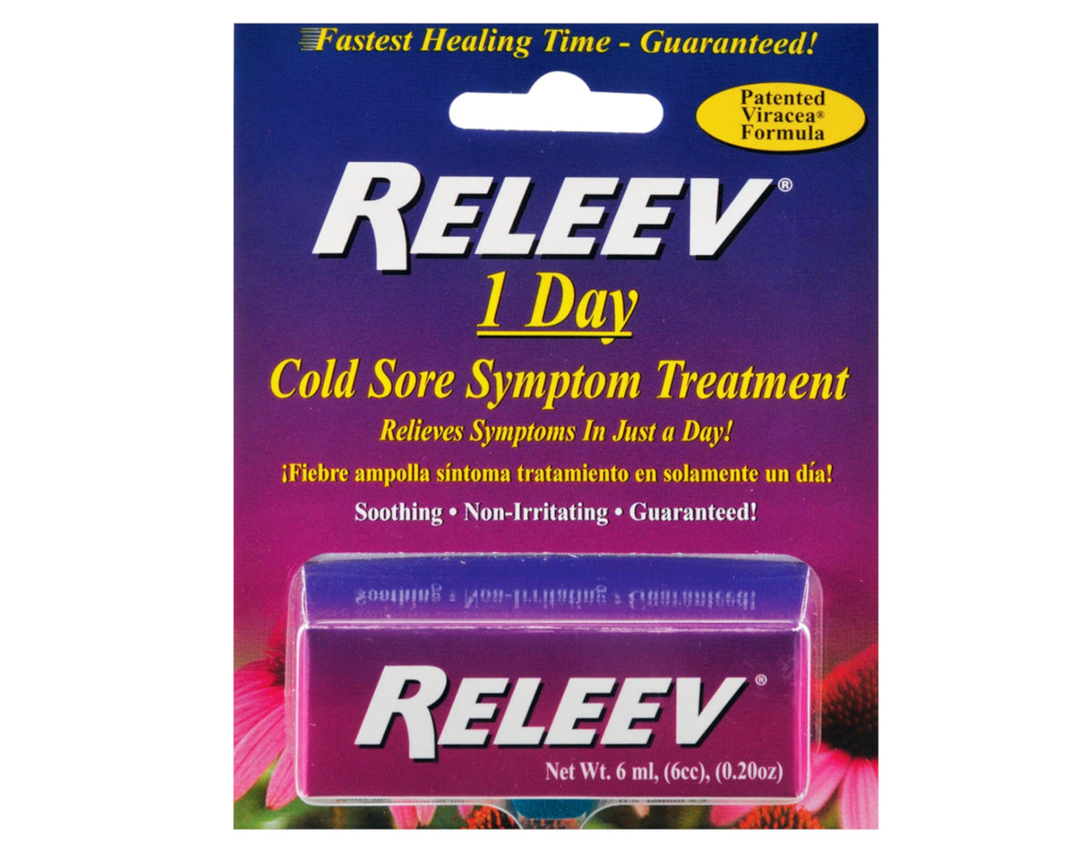 Releev fever blister topical solution packaging close up highlighting the patented formula.