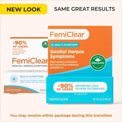 Premium FemiClear premium packaging highlighting all natural over the counter relief