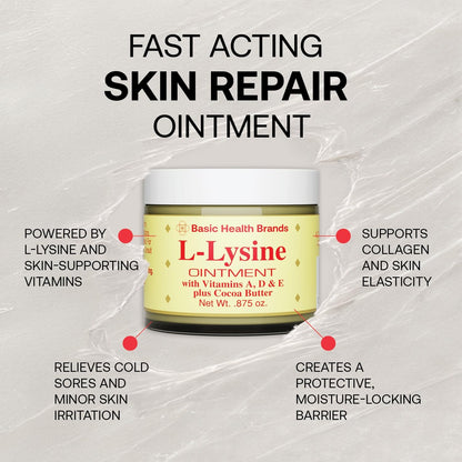 Basic Brands L-Lysine Lip Ointment tubes showing clear formula ingredients