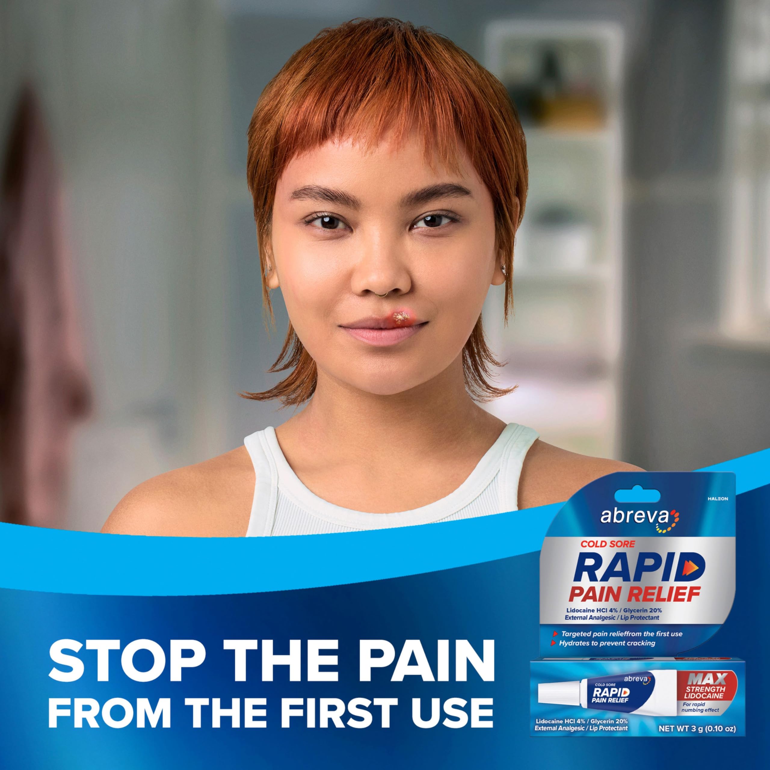 Abreva rapid pain relief cream three gram tube for fever blisters
